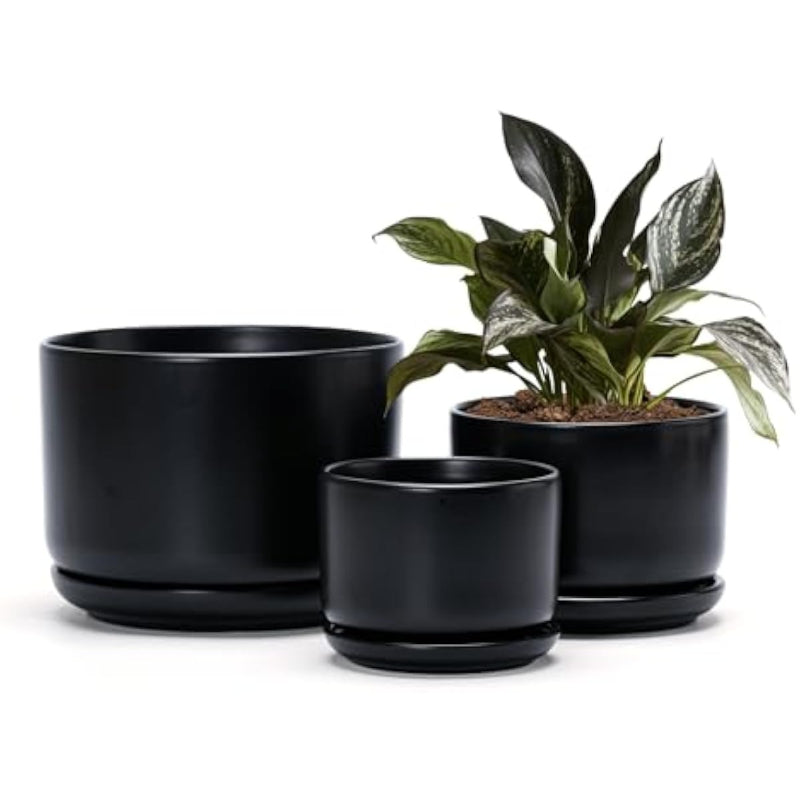 Set of 3 Matte Black Ceramic Plant Pots