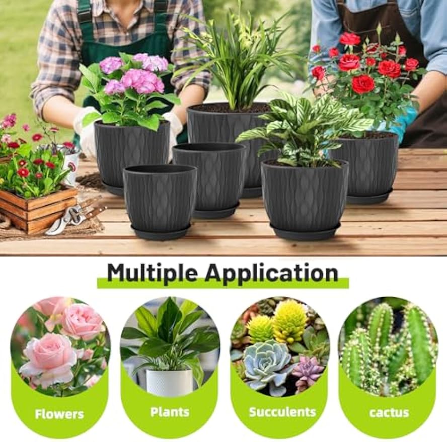 Set of 5 Plastic Plant Pots with Saucers