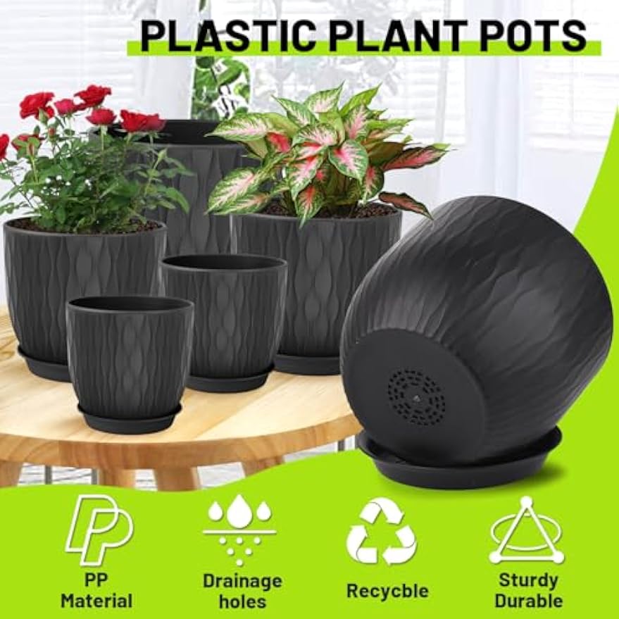 Set of 5 Plastic Plant Pots with Saucers