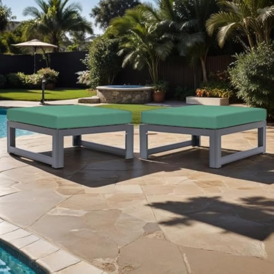 Set of 2 Green Aluminum Patio Ottoman Seats