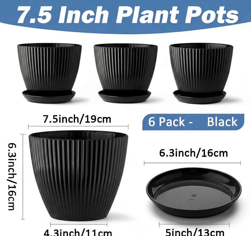 6‑Pack 7.5" Plastic Plant Pots