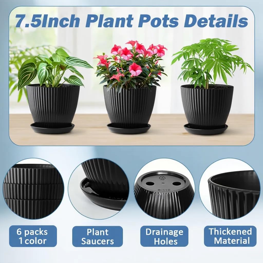 6‑Pack 7.5" Plastic Plant Pots
