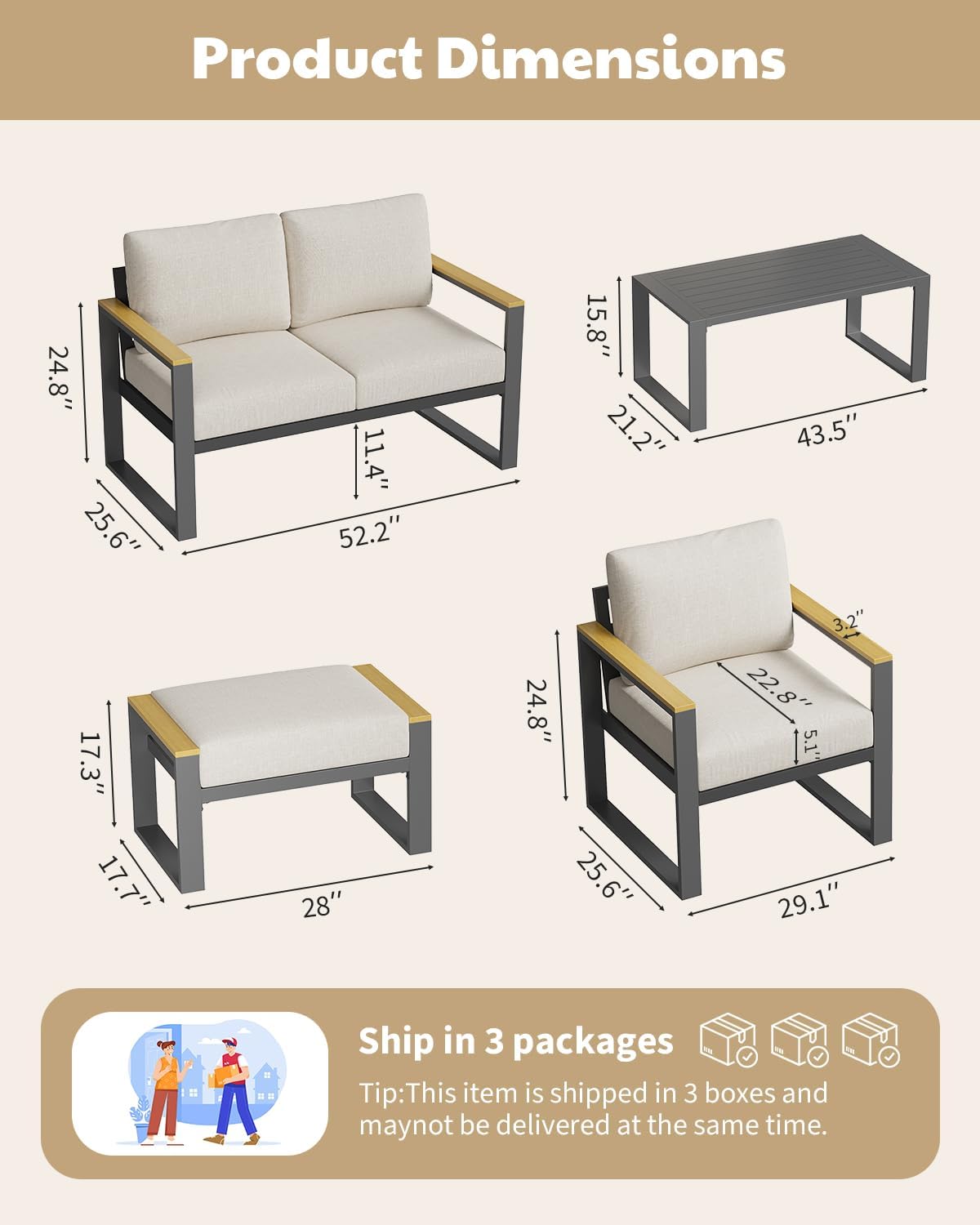 2‑Pack Beige Aluminum Patio Ottomans