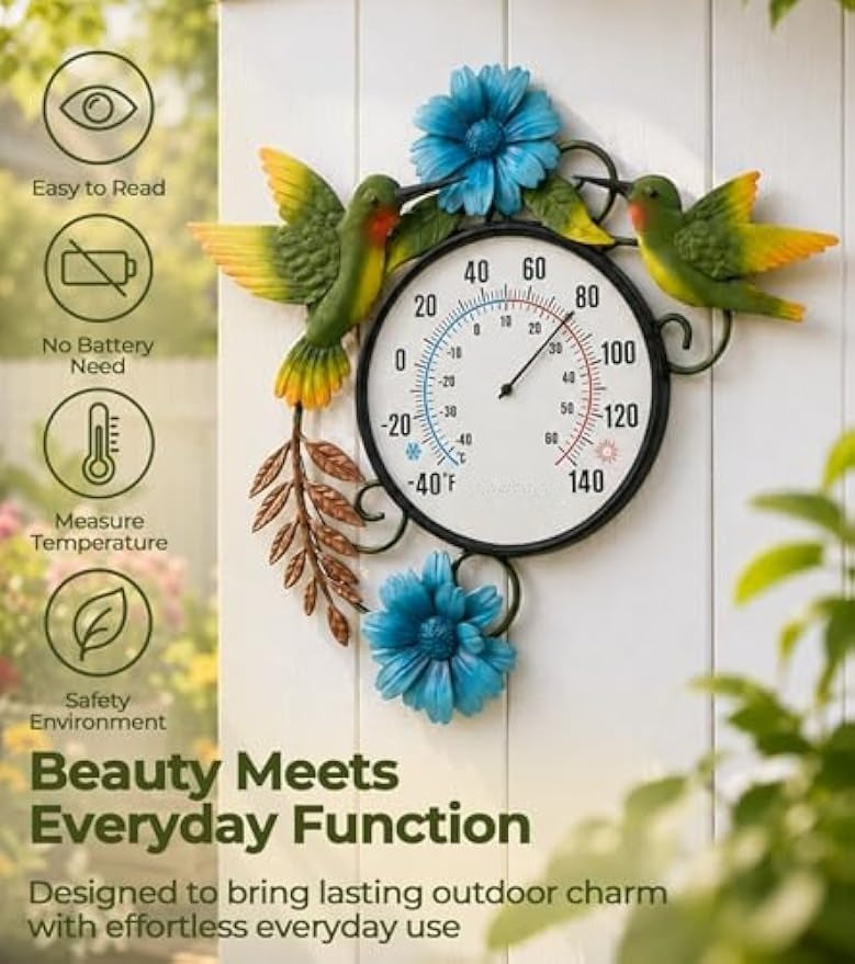Blue Daisy Hummingbird Metal Wall Thermometer