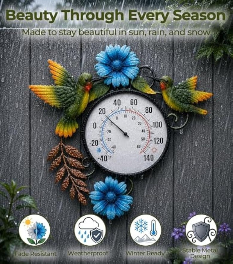 Blue Daisy Hummingbird Metal Wall Thermometer