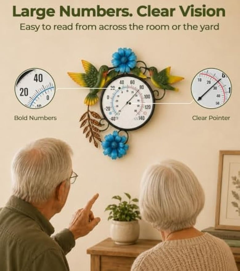 Blue Daisy Hummingbird Metal Wall Thermometer